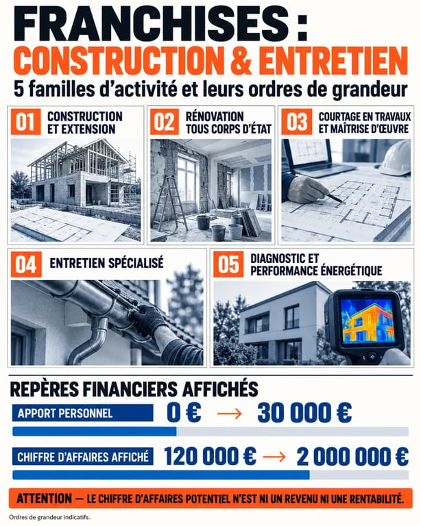 Infographie sur les franchises construction et entretien, métiers et repères financiers