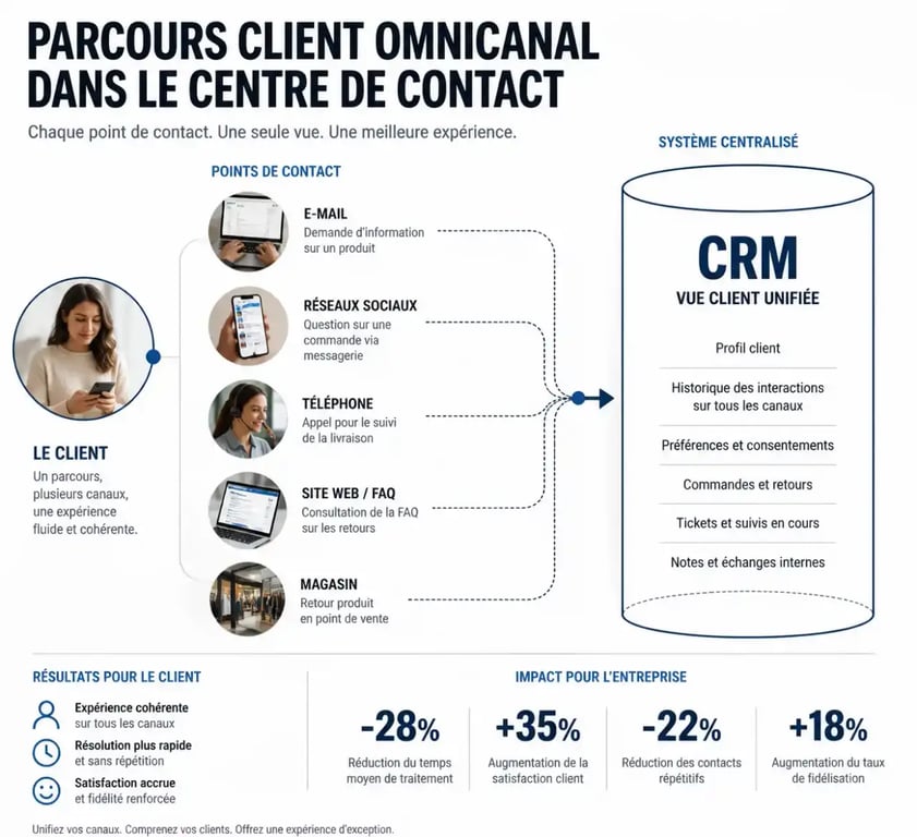 Schéma du parcours client omnicanal dans un centre de relation client agile