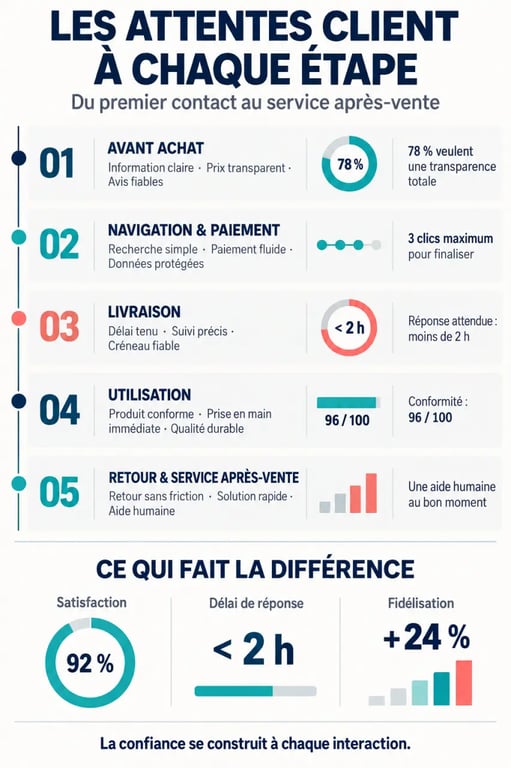 Infographie des attentes client à chaque étape du parcours d'achat