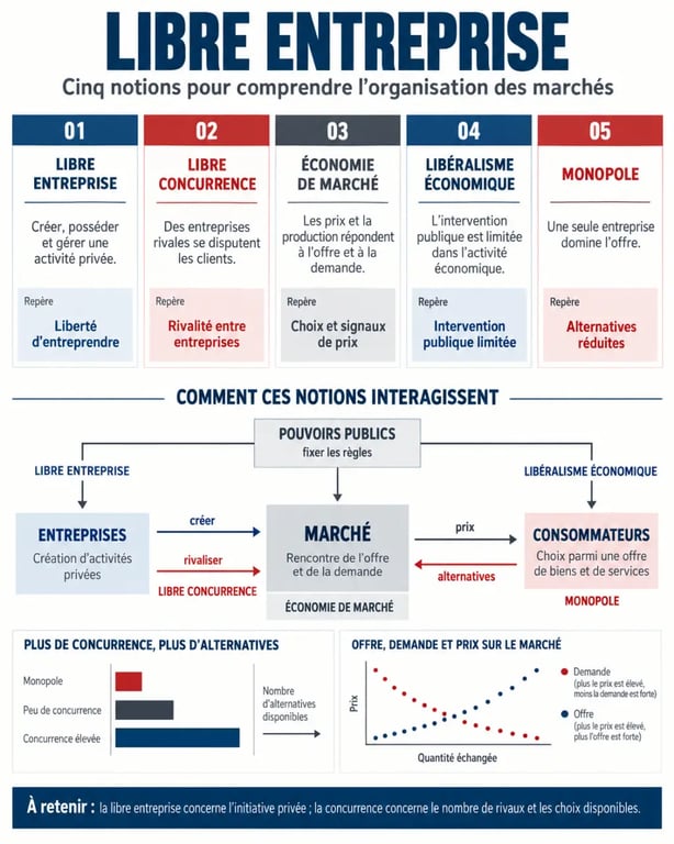 Infographie comparative sur la libre entreprise, la libre concurrence, l’économie de marché et le monopole