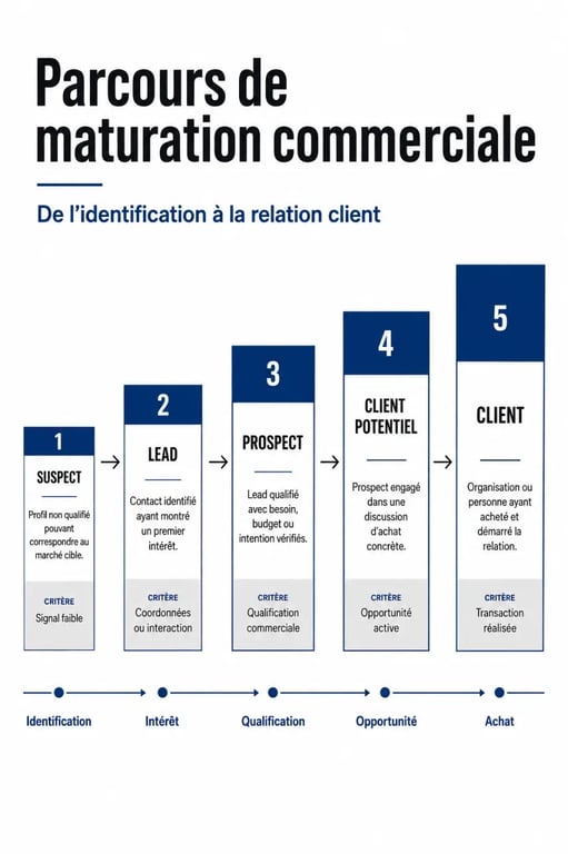 Clients potentiels : schéma comparatif des statuts suspect, lead, prospect et client
