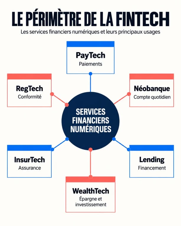 Infographie sur les principales catégories de la fintech et leurs usages