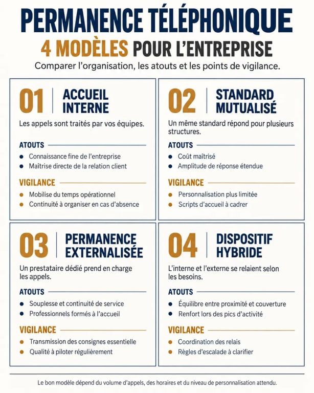 Infographie des modèles de permanence téléphonique entreprise et de leurs points de vigilance