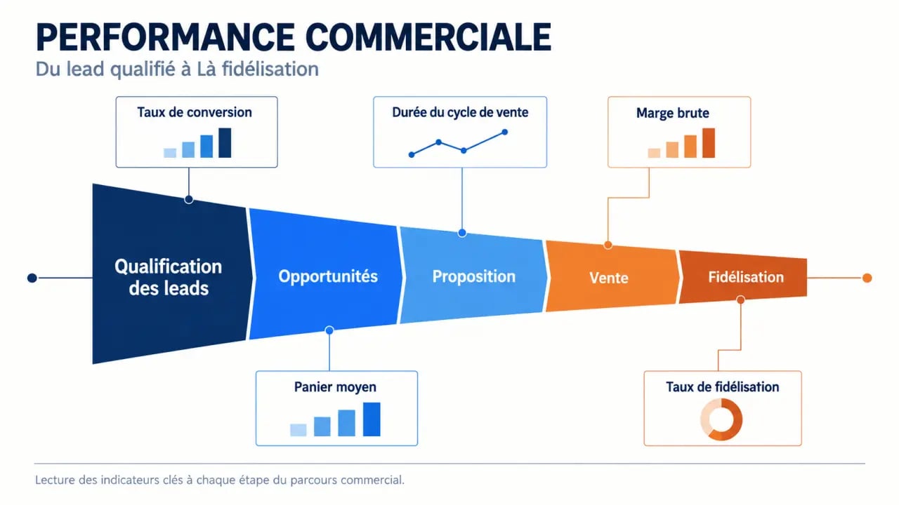 Schéma éditorial des performances commerciales du funnel aux KPI de fidélisation