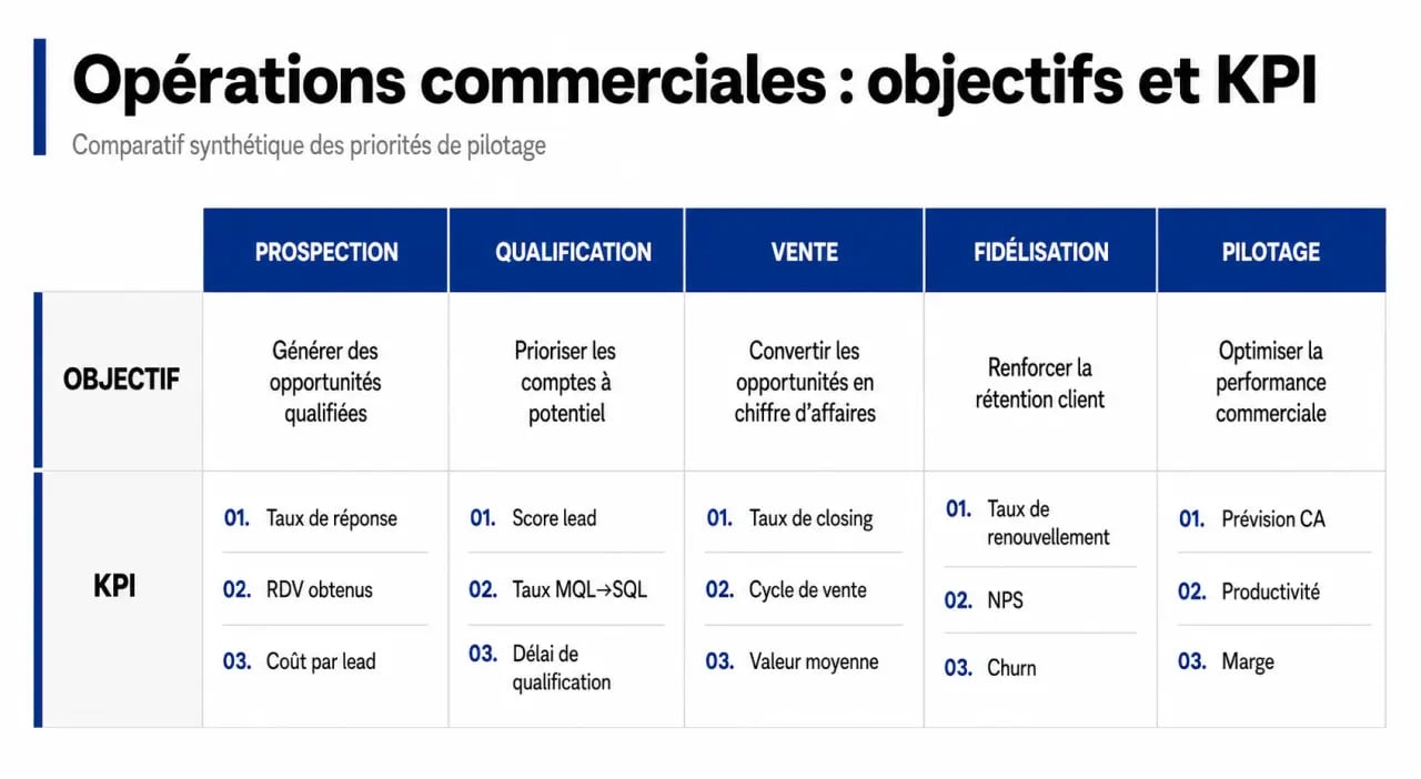 Opérations commerciales : tableau comparatif des types, objectifs et KPI