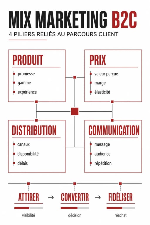 B2C marketing : schéma éditorial des 4 piliers du mix marketing et du parcours attirer, convertir, fidéliser
