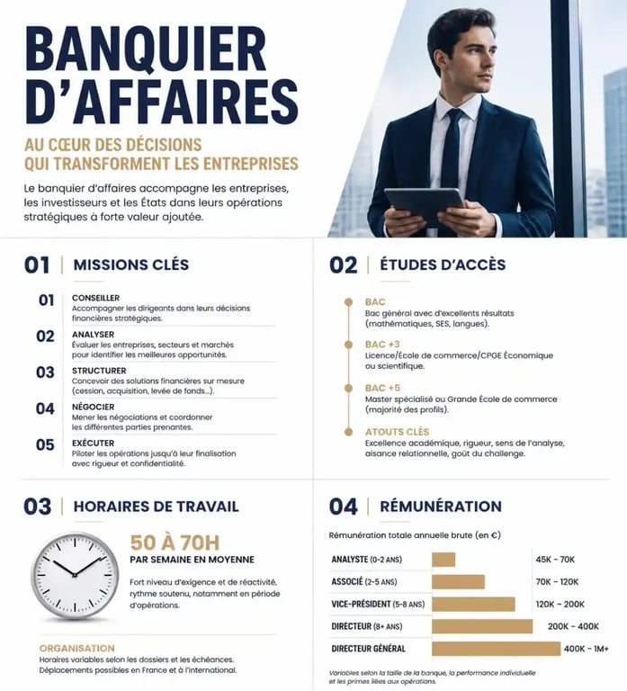 Banquier d’affaires : missions, études et salaire dans un visuel éditorial