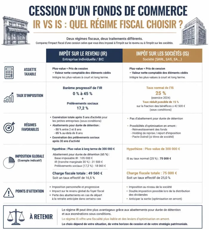 Comparatif fiscal IR et IS pour la plus-value de cession d'un fonds de commerce