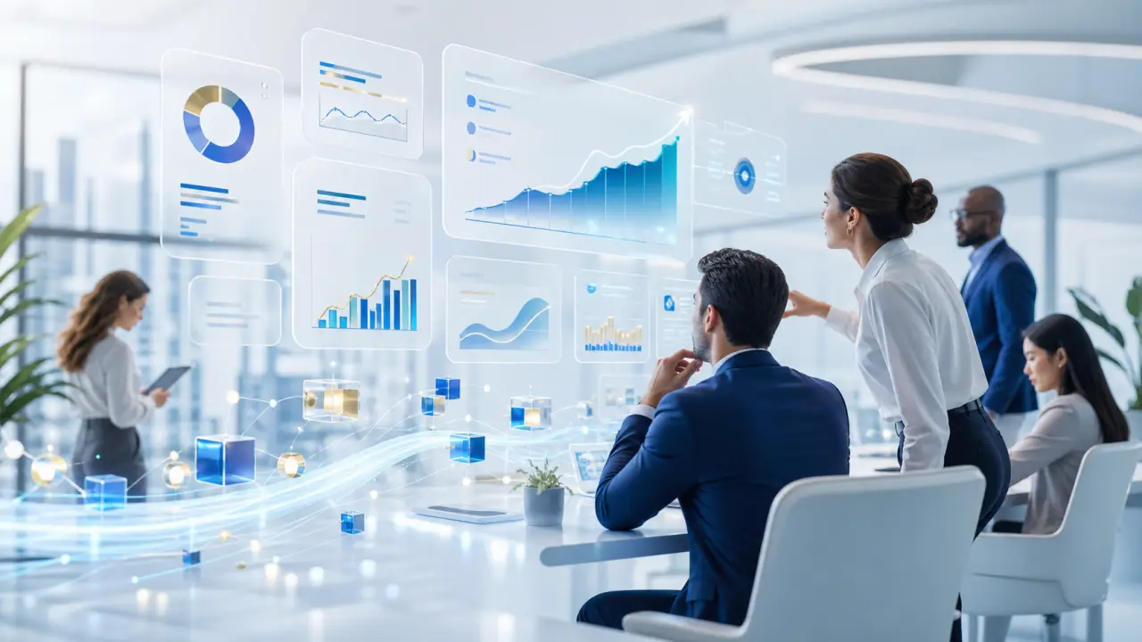 Illustration 3D d’une BI prédictive pour PME, avec tableaux de bord et flux de données