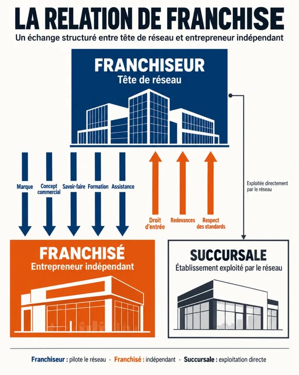Franchiseur def : schéma du fonctionnement entre franchiseur, franchisé, marque, savoir-faire et redevances